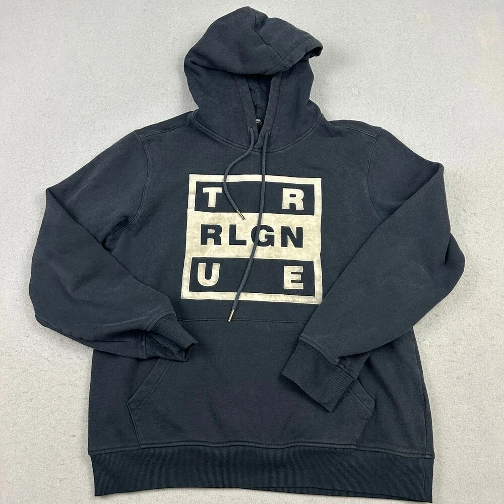 True Religion Hoodie Men Large Black Pullover Box Logo Graphic Sweatshirt L